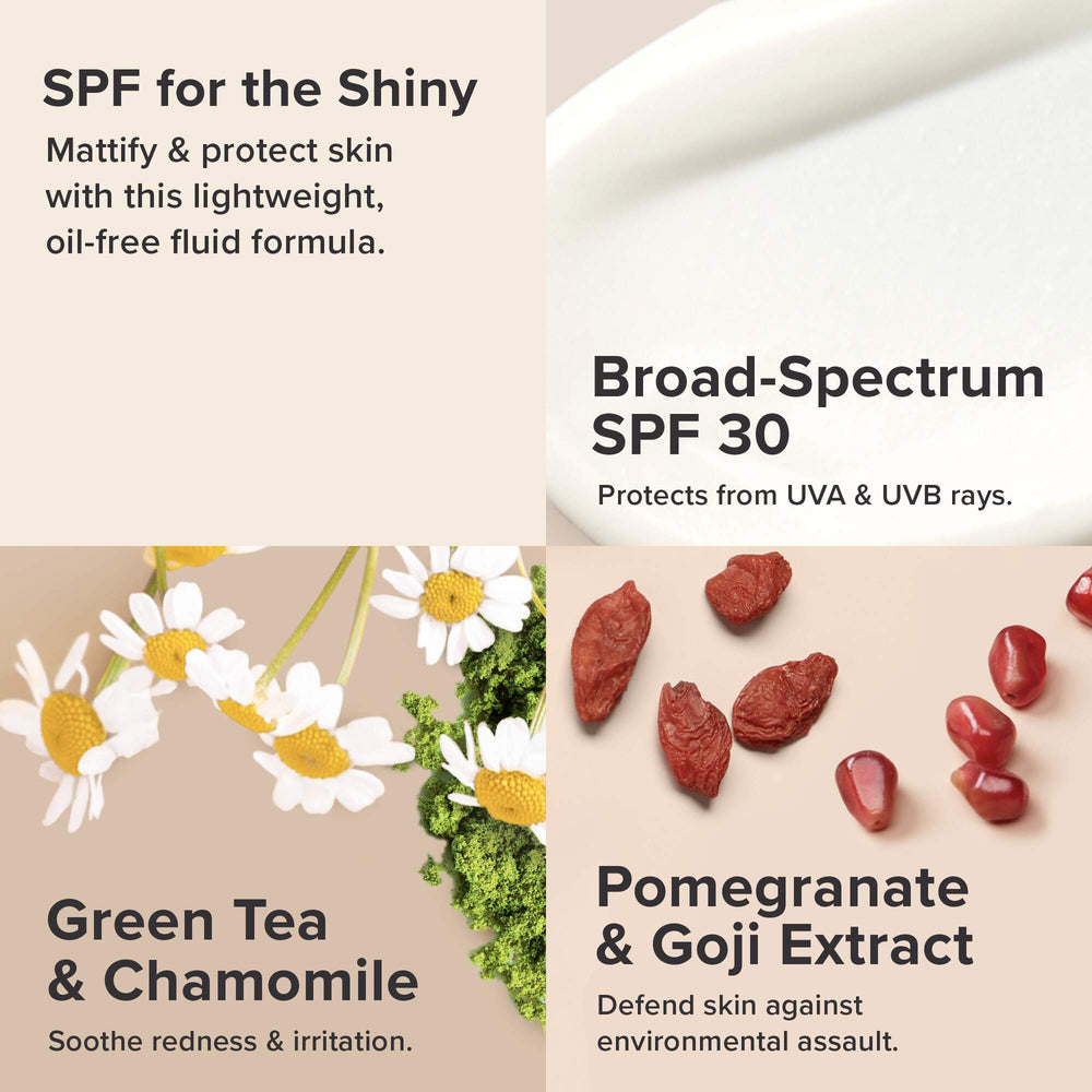 Paula's Choice CLEAR Ultra-Light SPF 30 face application demonstrates shine control and pore-softening.