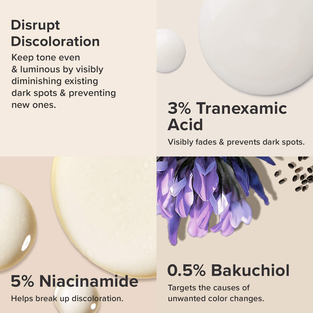 Paula's Choice Clinical Discoloration Repair Serum ingredients graphic highlights tranexamic acid and niacinamide benefits.
