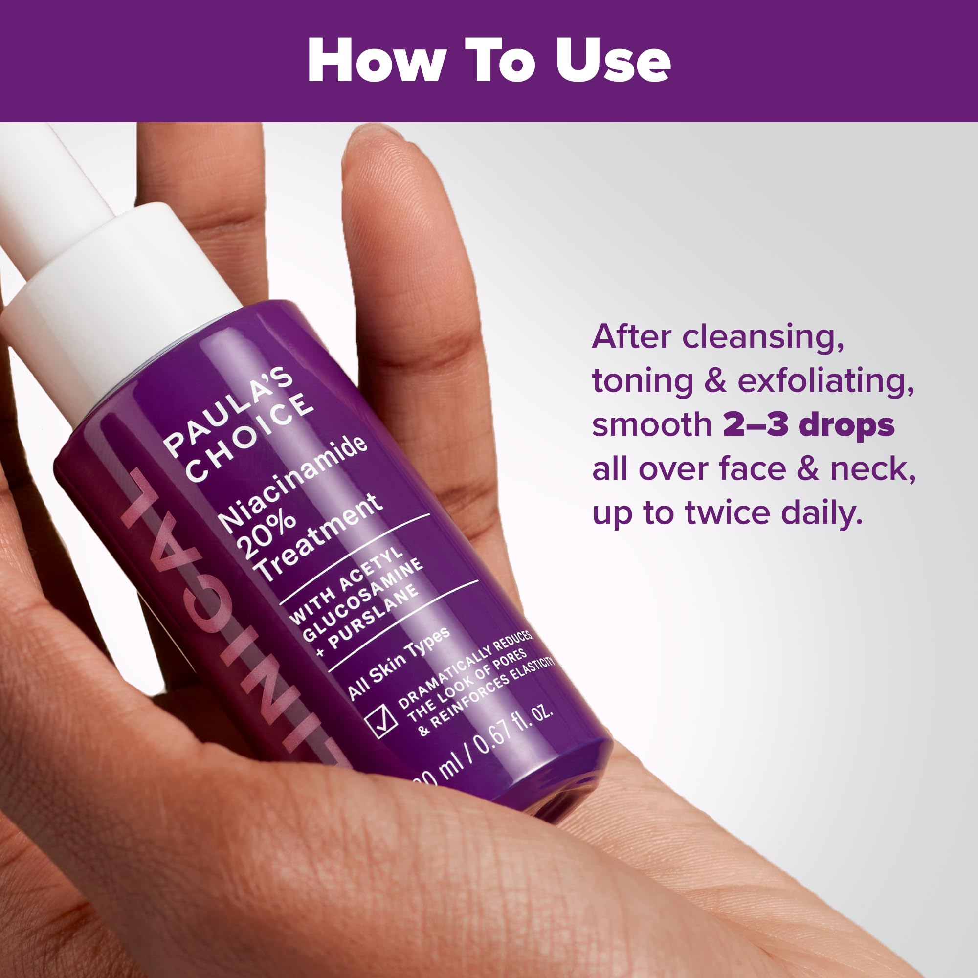 Paula's Choice clinical niacinamide serum dropper ready for controlled application and smooth skin texture.