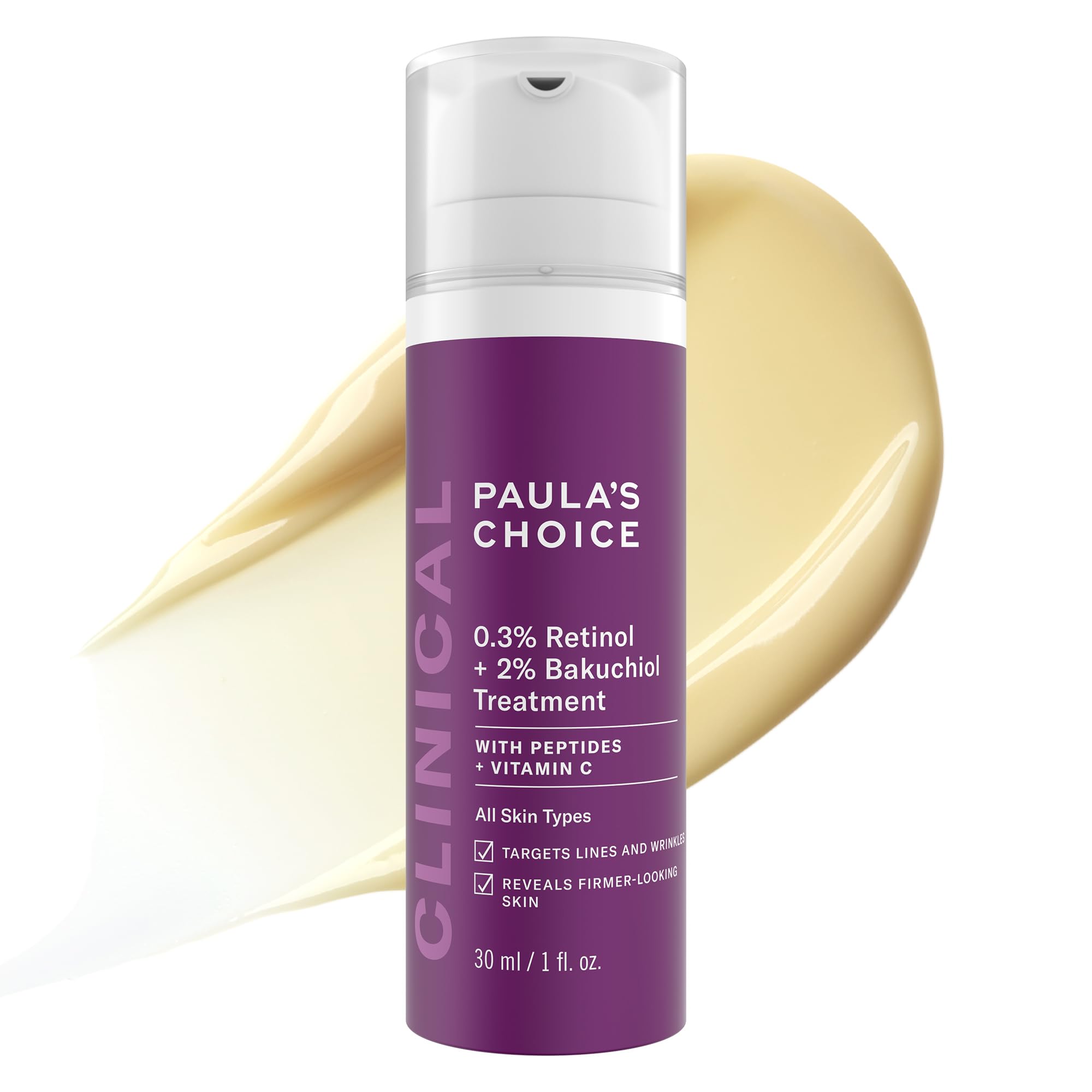 Paula's Choice Clinical Retinol-Bakuchiol Serum bottle showcases lightweight anti-aging formula for firmer skin