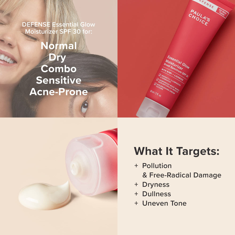 Paula's Choice Defense Essential Glow SPF 30 tube on vanity for daily sun protection.