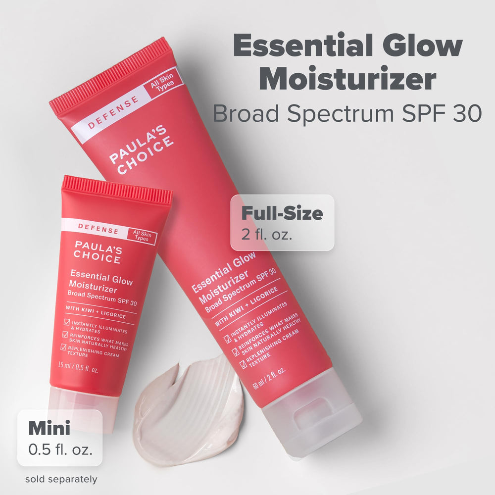 Paula's Choice Defense Essential Glow vitamin C and E image signals brightening potential.