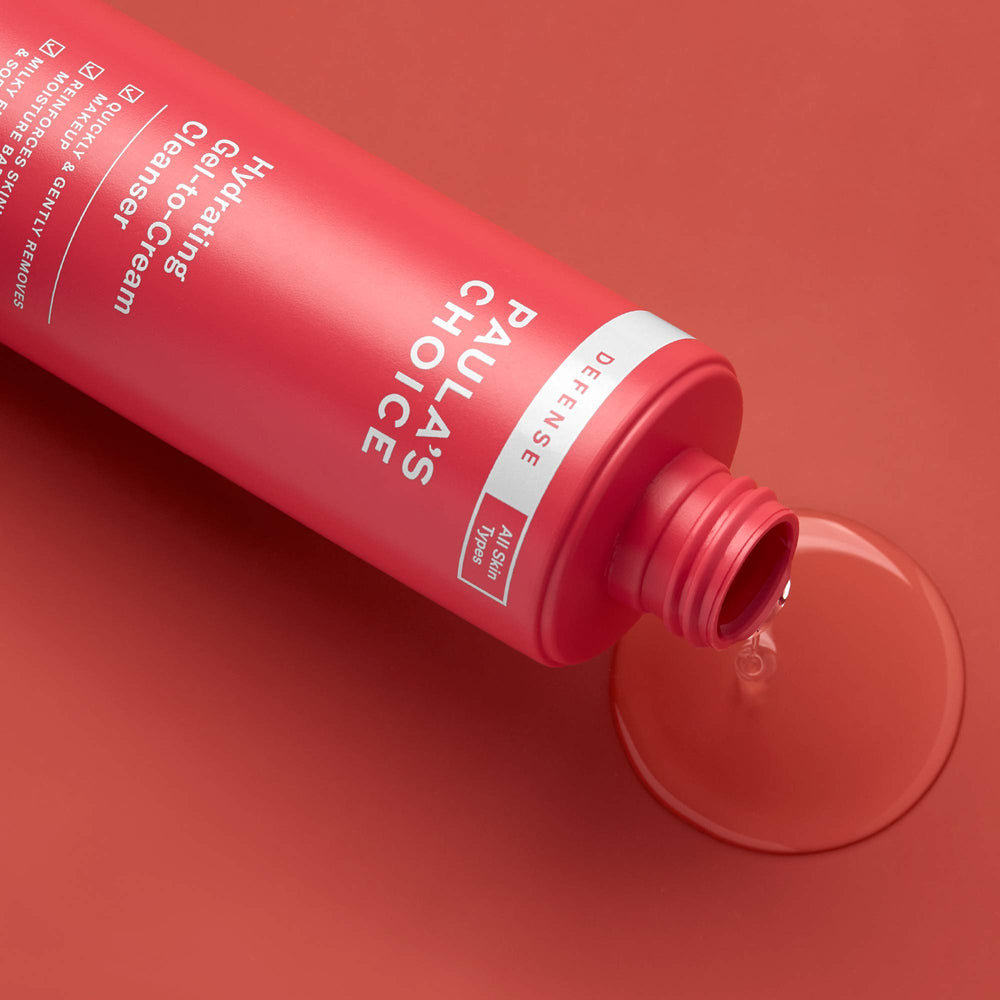 Paula's Choice DEFENSE gel-to-cream transition shown for a refreshing morning and evening cleanse