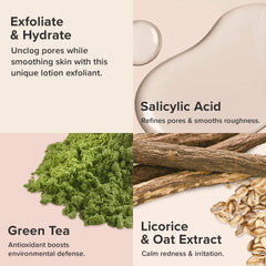Paula's Choice exfoliant lotion texture close-up suggests smoother skin texture.