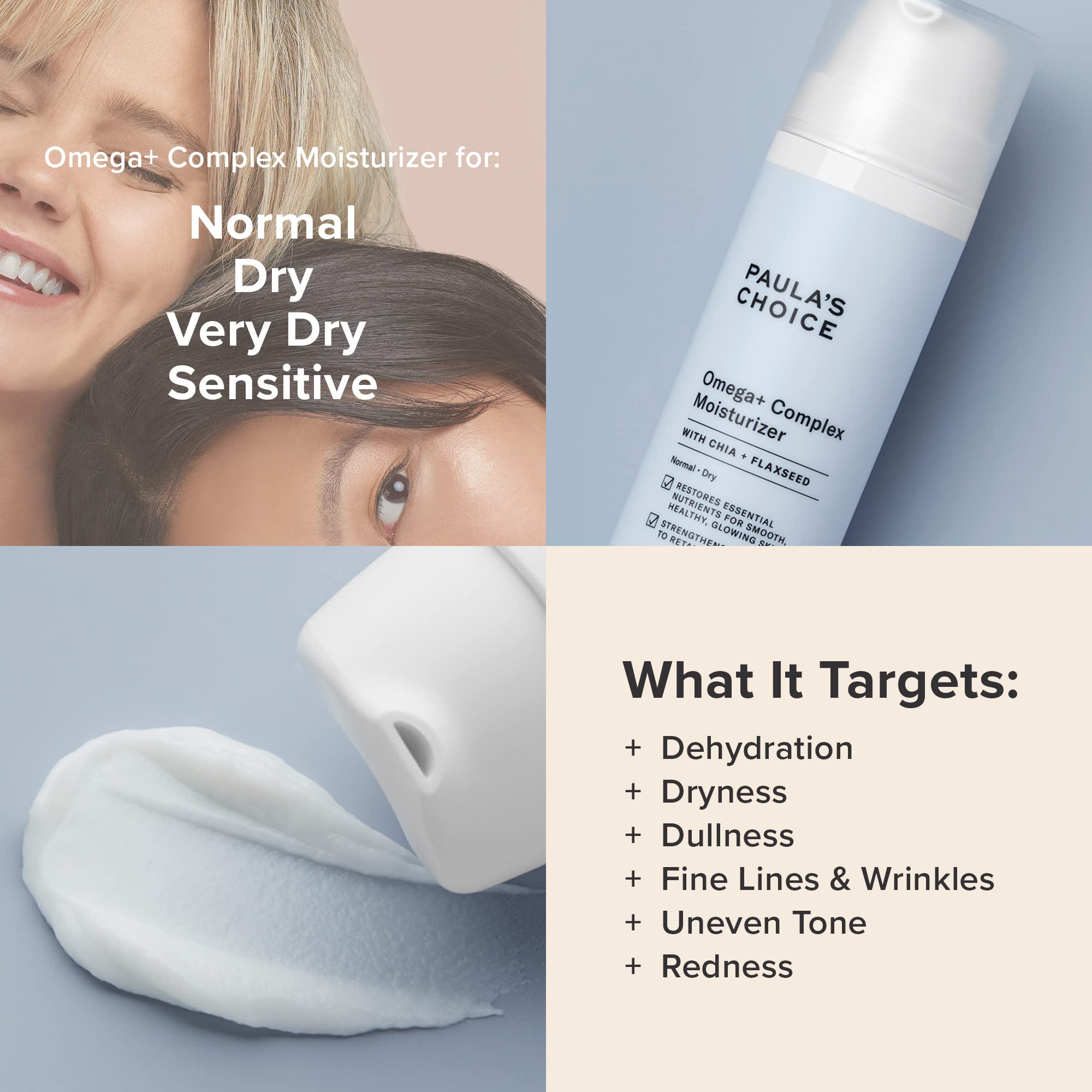 Paula's Choice Omega+ Complex Moisturizer spread-on-hand highlights nourishing hydration