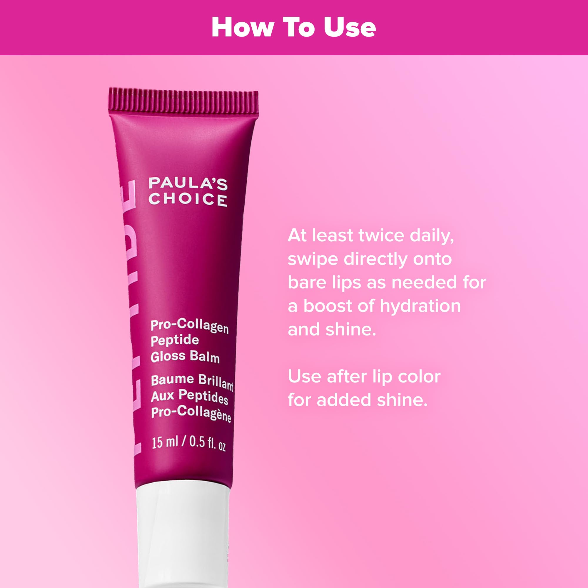 Paula's Choice Pro-Collagen Peptide Gloss Lip Balm in tube demonstrates convenient, non-sticky lip care.