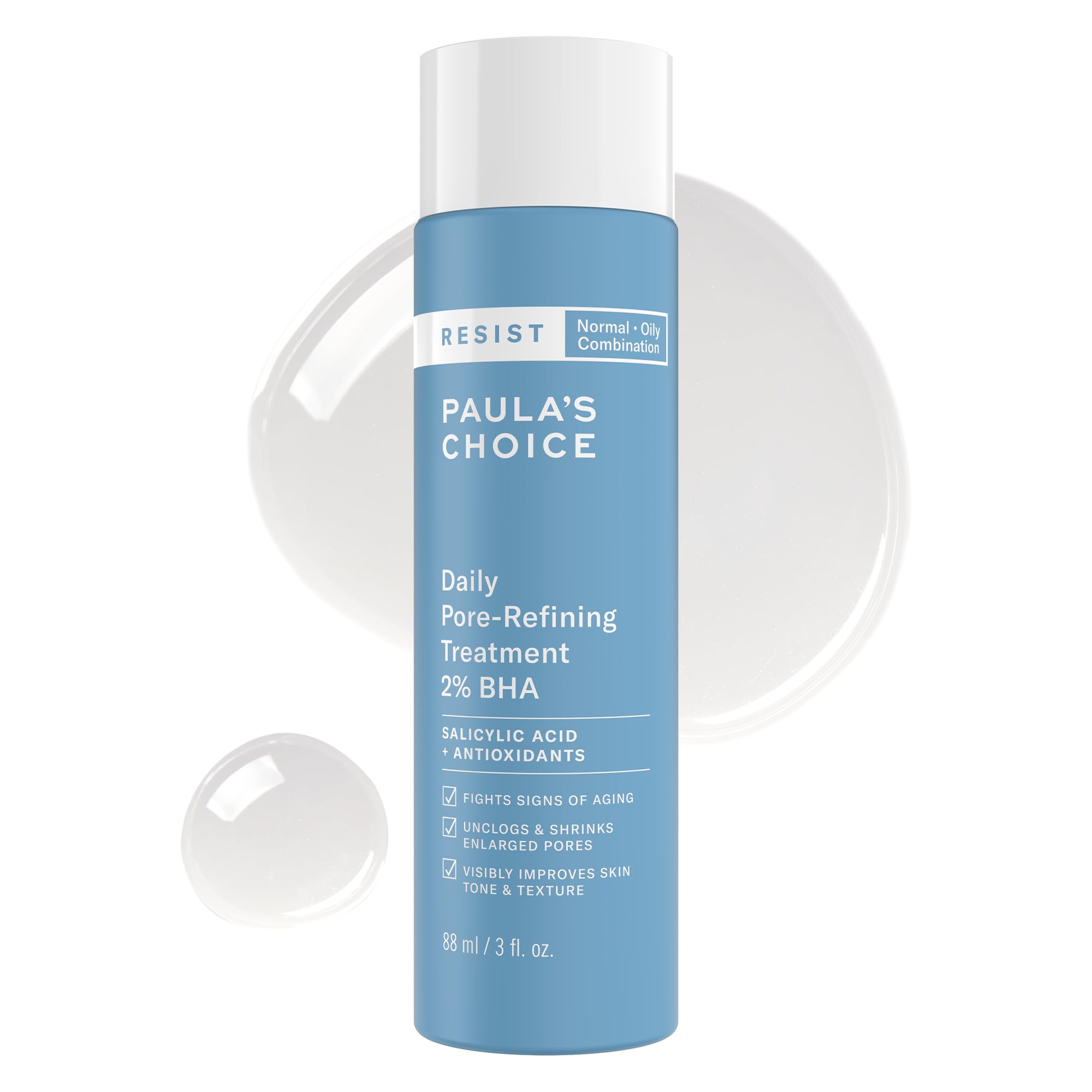 Paula's Choice RESIST daily pore refining treatment bottle-front shows fragrance-free exfoliant for clearer pores.