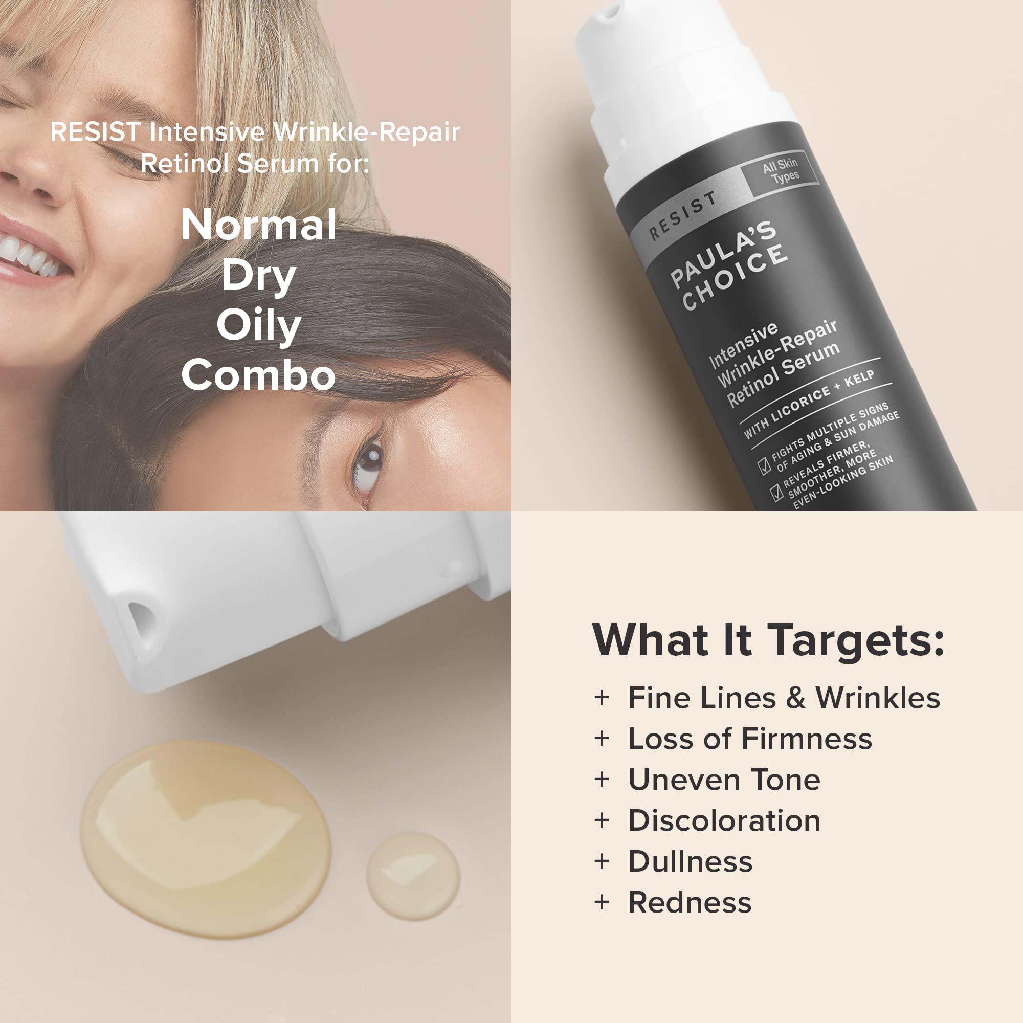 Stabilized retinol detail highlights wrinkle-reducing potential.