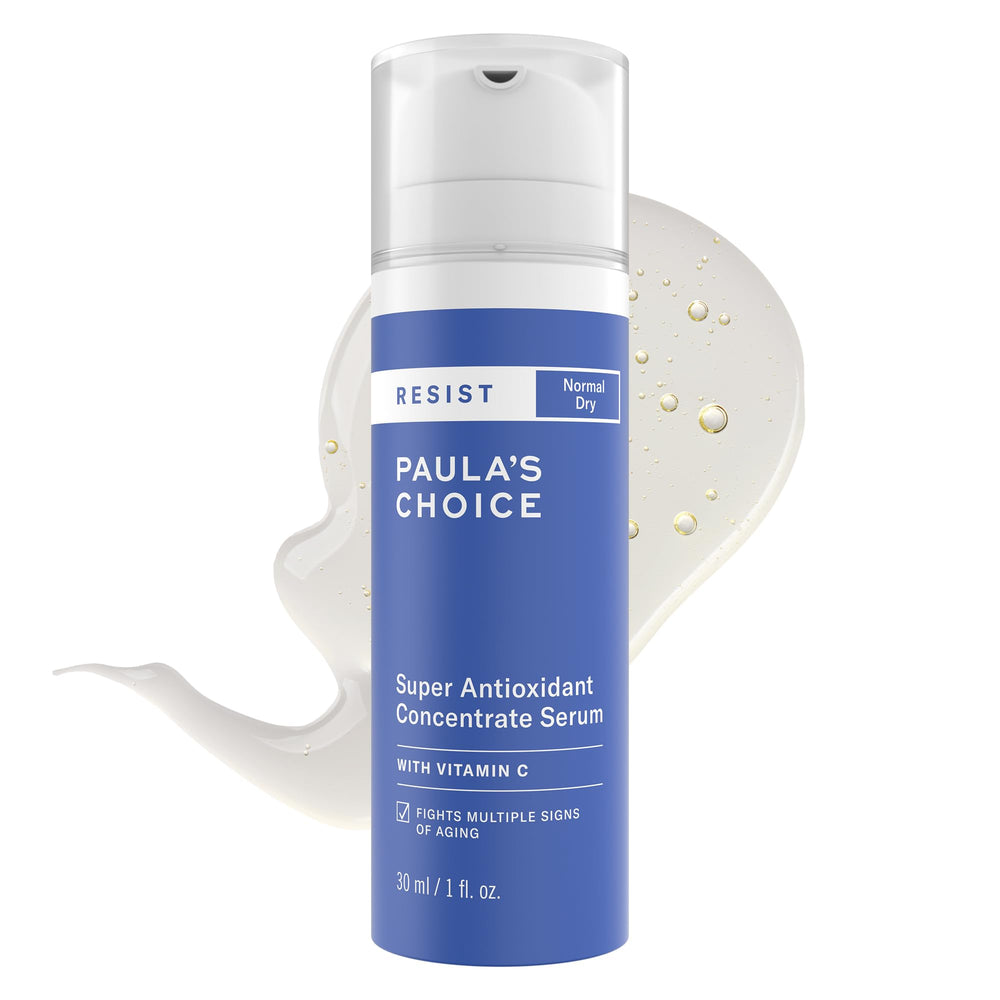 Paula's Choice RESIST Super Antioxidant Serum pump bottle shows hydrating, brightening action.