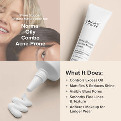 Paula's Choice Shine Stopper product shot emphasizes pore minimization and smooth texture for daily makeup.