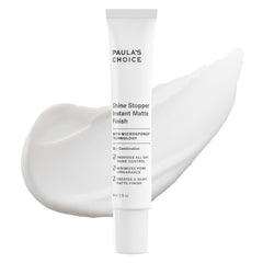 Paula's Choice Shine Stopper primer bottle close-up highlighting oil-control for a matte finish.