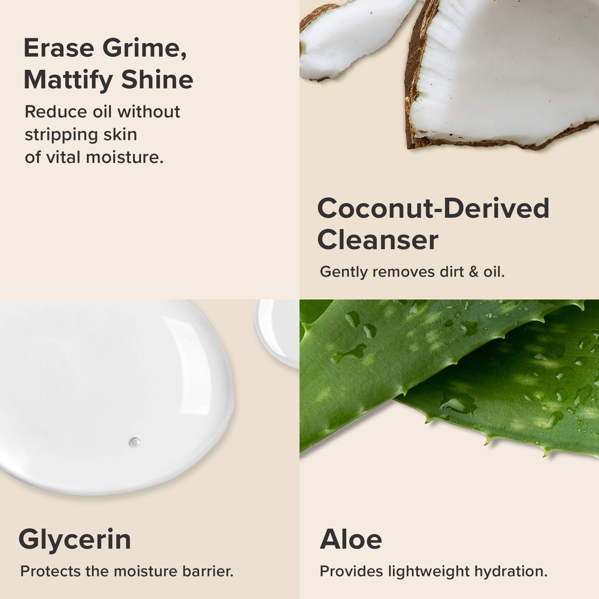 Paula's Choice Skin Balancing cleanser ingredients close-up with aloe, coconut, glycerin for soothing cleanse.
