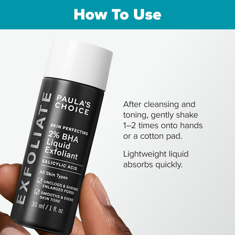 Paula's Choice Skin Perfecting 2% BHA bottle closeup showing clear liquid consistency.