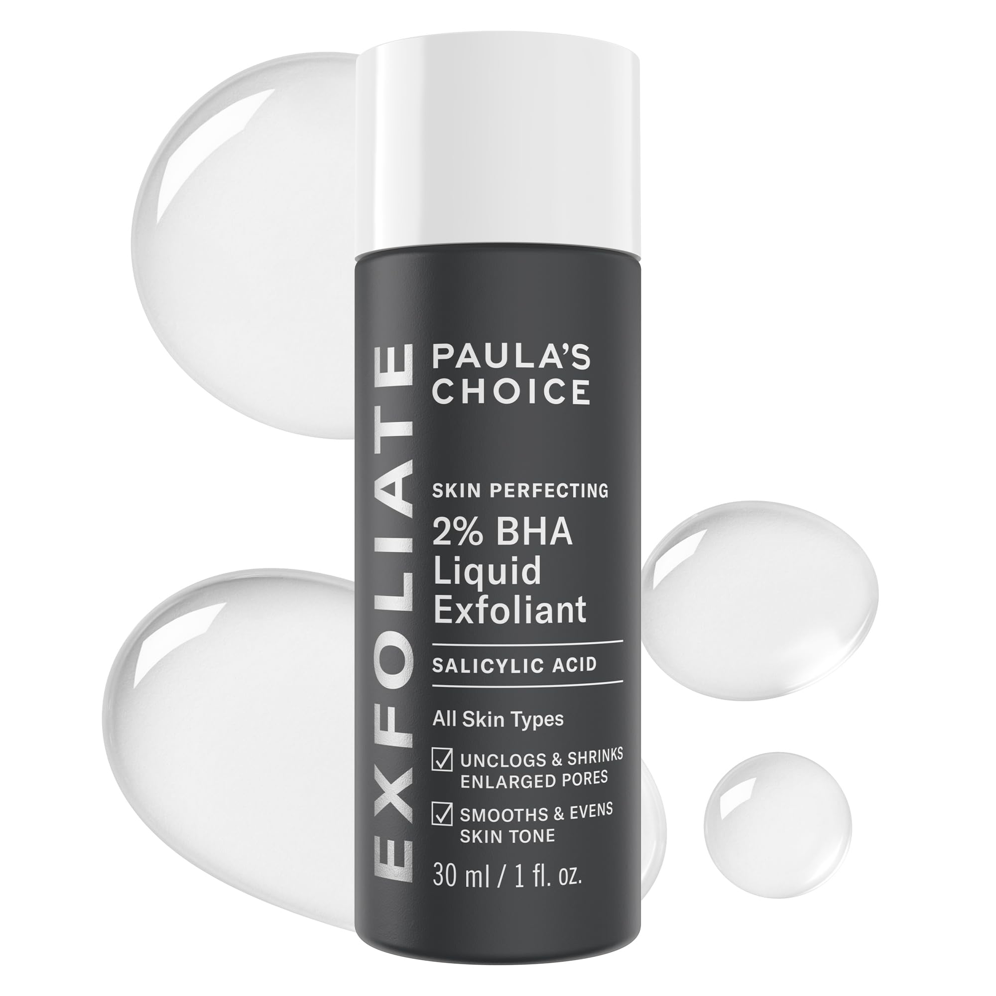 Paula's Choice Skin Perfecting 2% BHA bottle pour for controlled pore-clearing application.