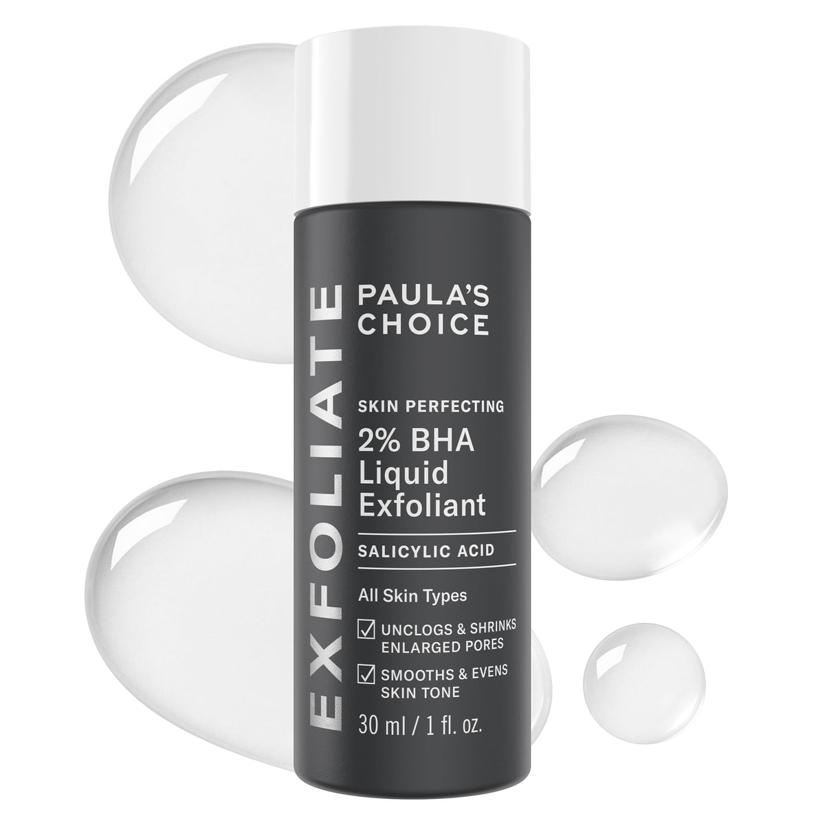Paula's Choice Skin Perfecting 2% BHA bottle pour for controlled pore-clearing application.