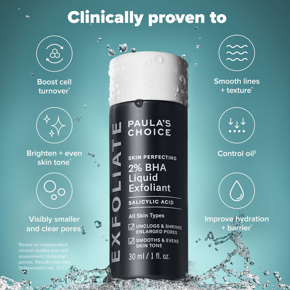 Paula's Choice Skin Perfecting 2% BHA droplet on skin highlights non-abrasive exfoliation.