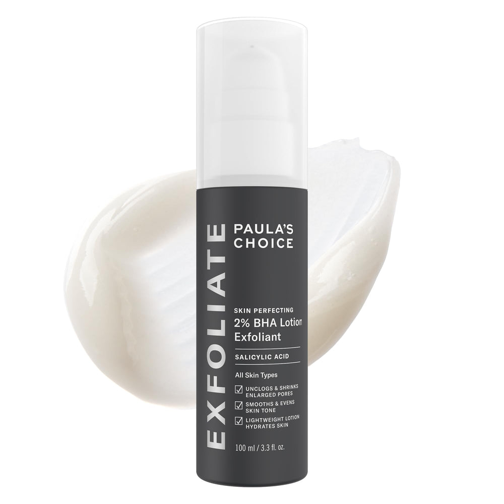 Paula's Choice SKIN PERFECTING 2% BHA exfoliant bottle demonstrates pore-clearing action.