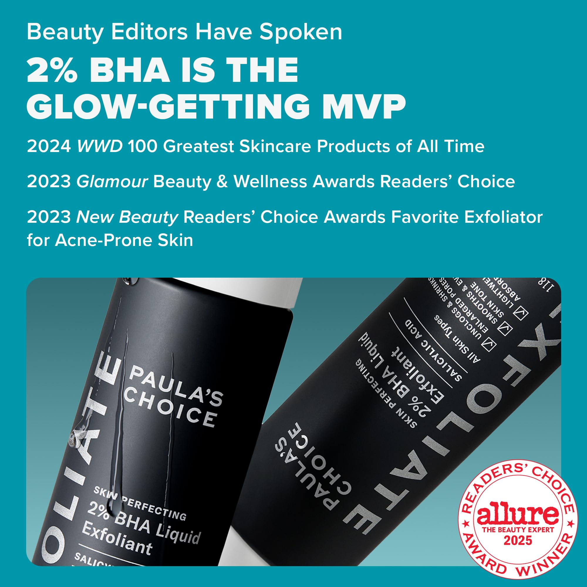 Paula's Choice 2% BHA bottle dispense highlights easy daily use for smoother skin texture.