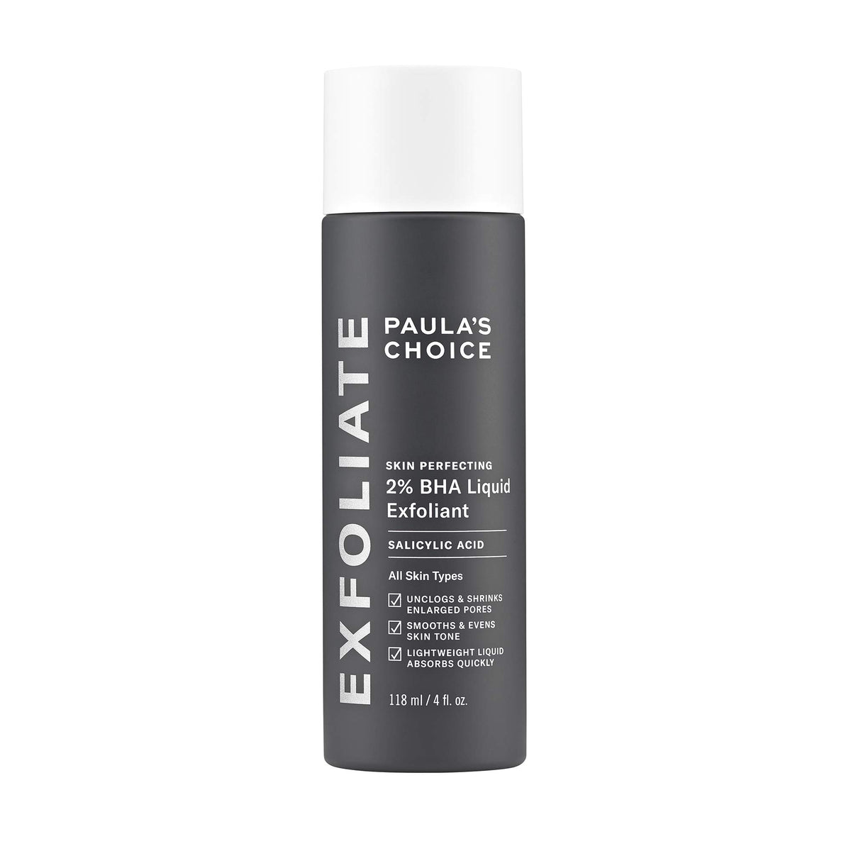 Paula's Choice Skin Perfecting 2% BHA bottle front showcases gentle exfoliation for clearer pores.