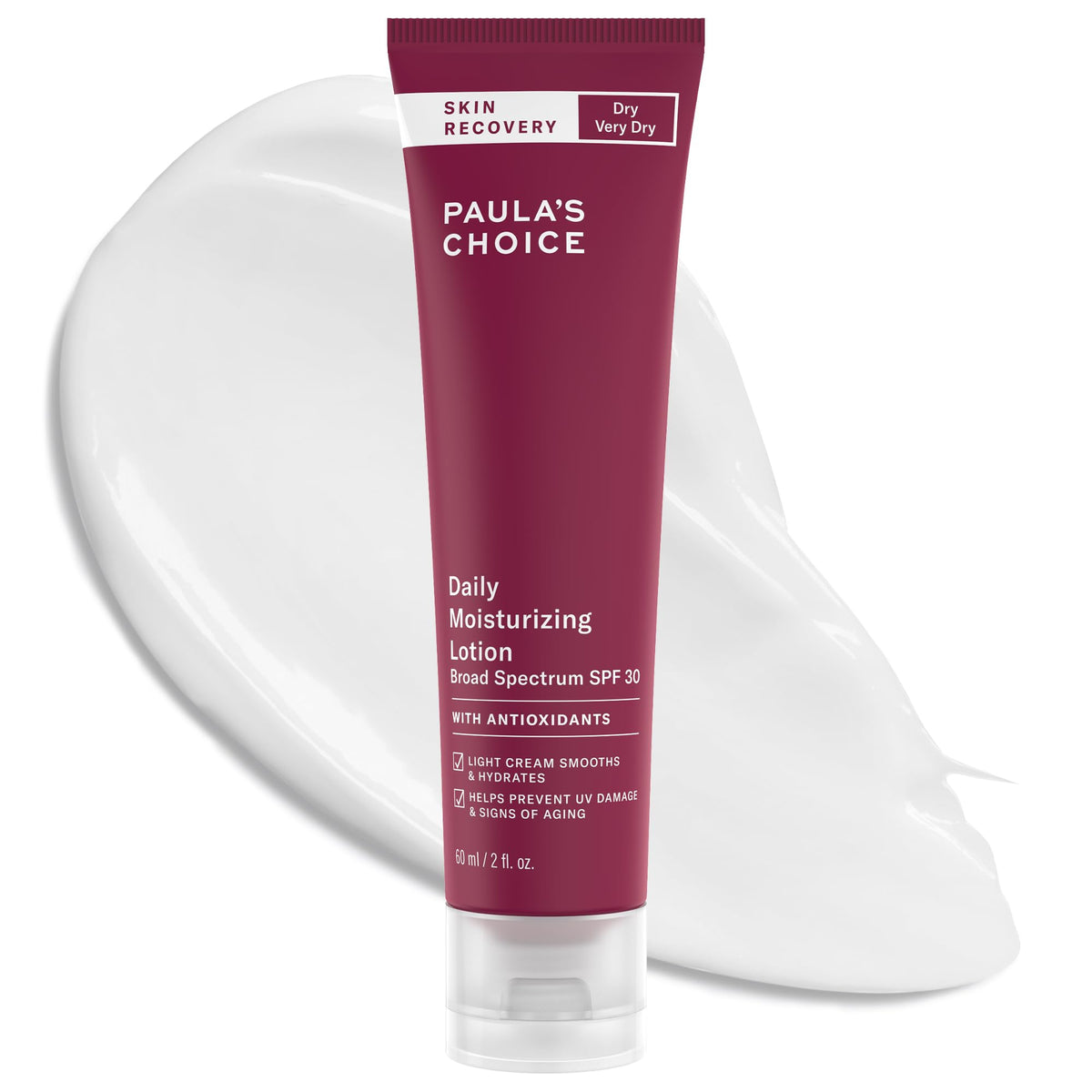 Paula's Choice Skin Recovery Daily Moisturizing Lotion SPF30 bottle provides hydrating sun protection.
