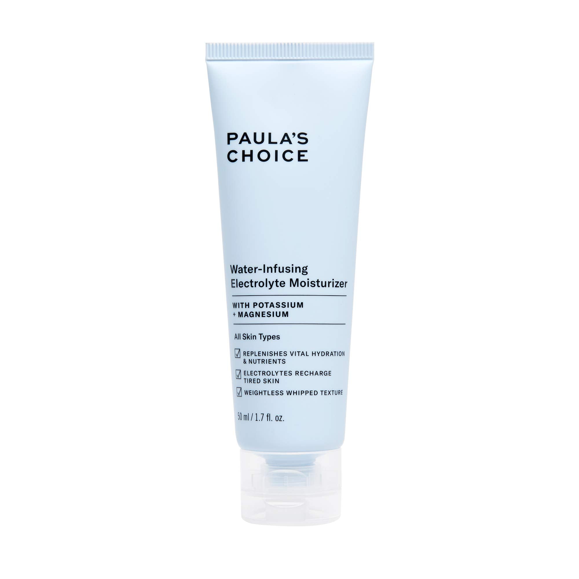 Paula's Choice Water-Infusing Electrolyte Face Moisturizer bottle closeup showing weightless hydration