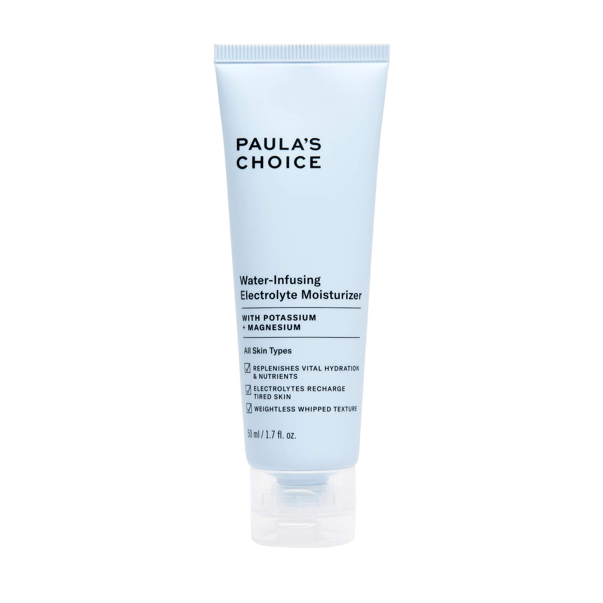 Paula's Choice Water-Infusing Electrolyte Face Moisturizer bottle closeup showing weightless hydration