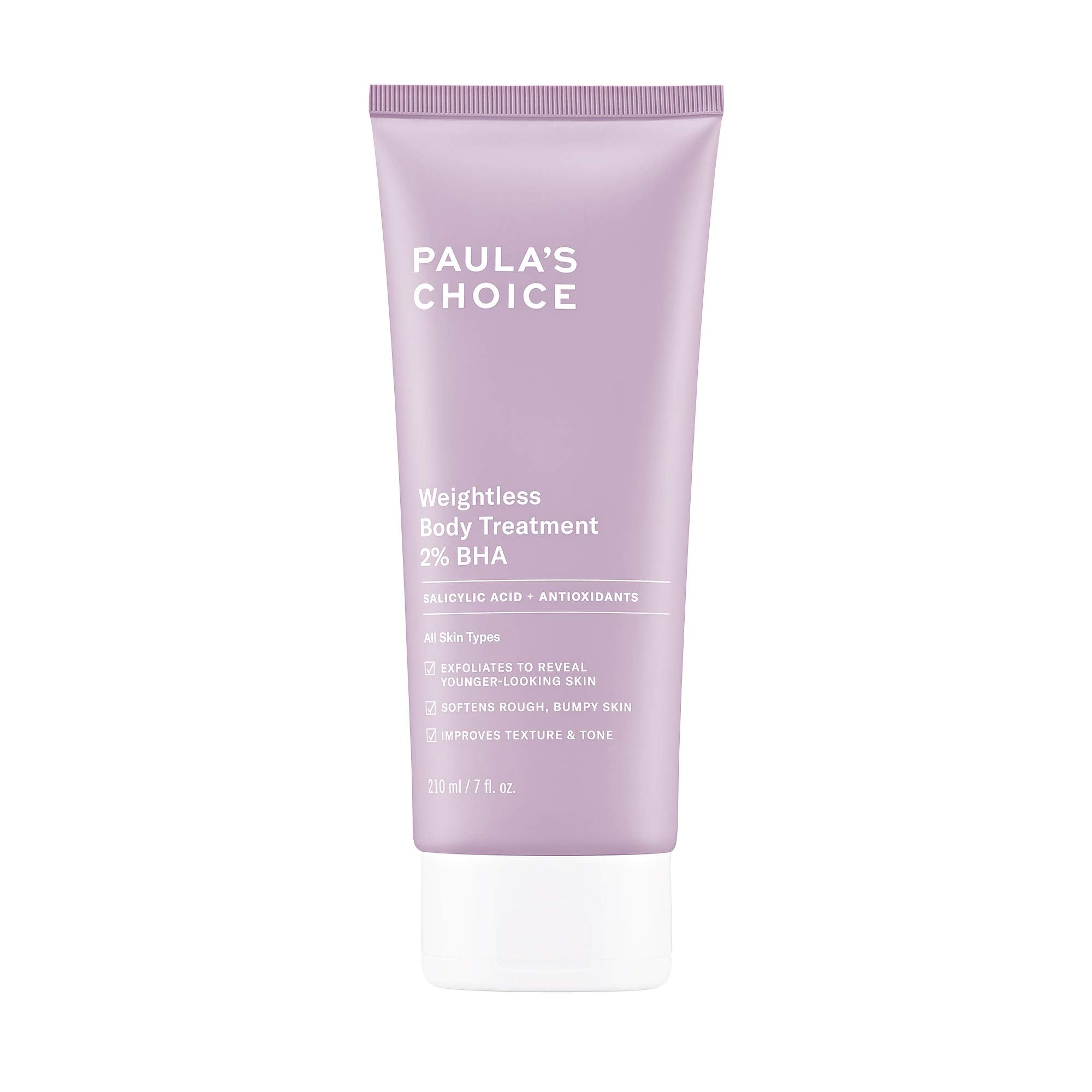 Paula's Choice Weightless Body Lotion bottle pump shows fast-absorbing hydration for KP-prone skin.