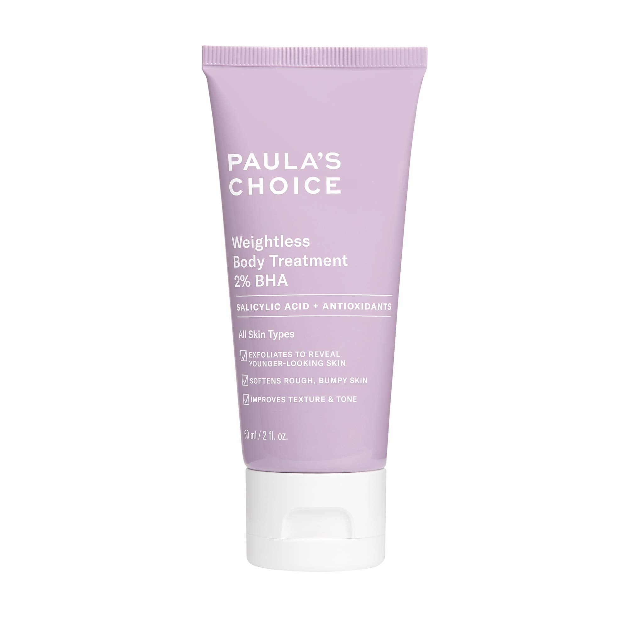 Paula's Choice Weightless Body Treatment 2% BHA bottle close-up, exfoliation for KP-prone skin.