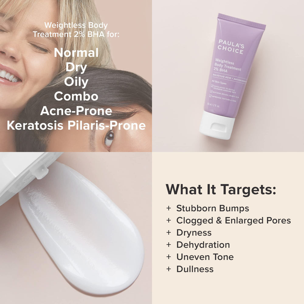 Paula's Choice Weightless Body Treatment 2% BHA lotion texture shot, smoothing rough skin.