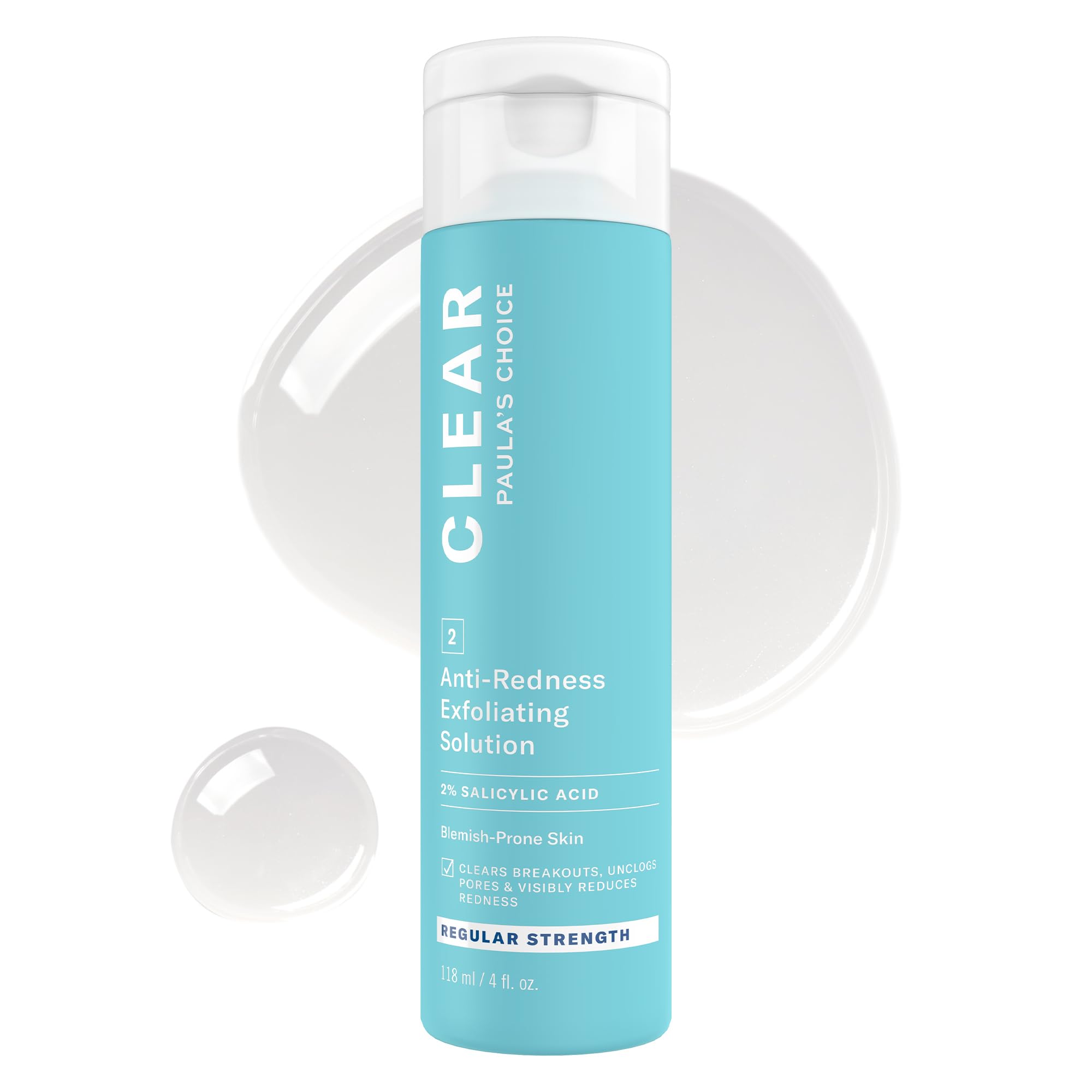 Paula's Choice CLEAR exfoliating solution bottle closeup showing pore-minimizing benefits