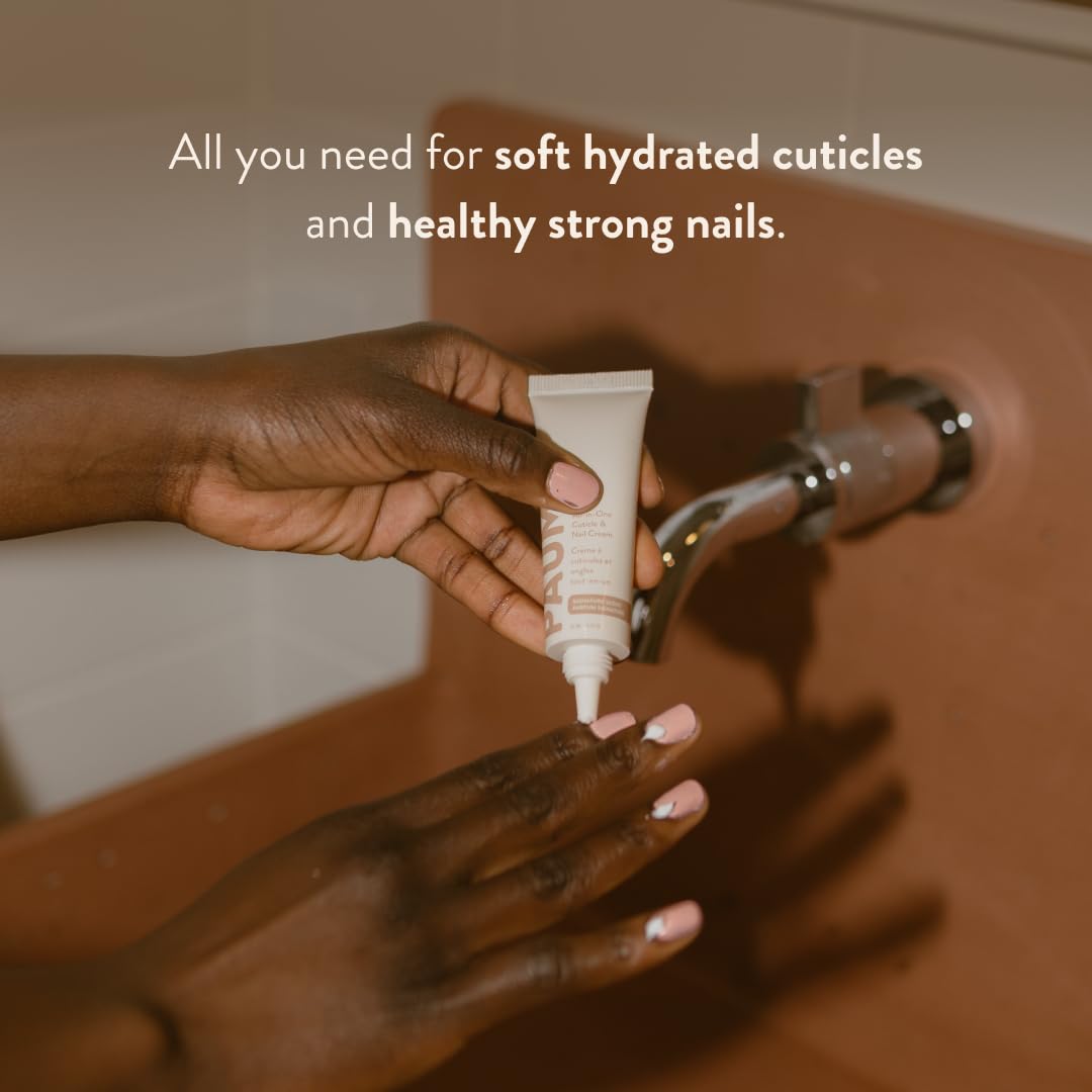 PAUME All-in-One cream swatch on damaged nails suggesting repair support and resilience.