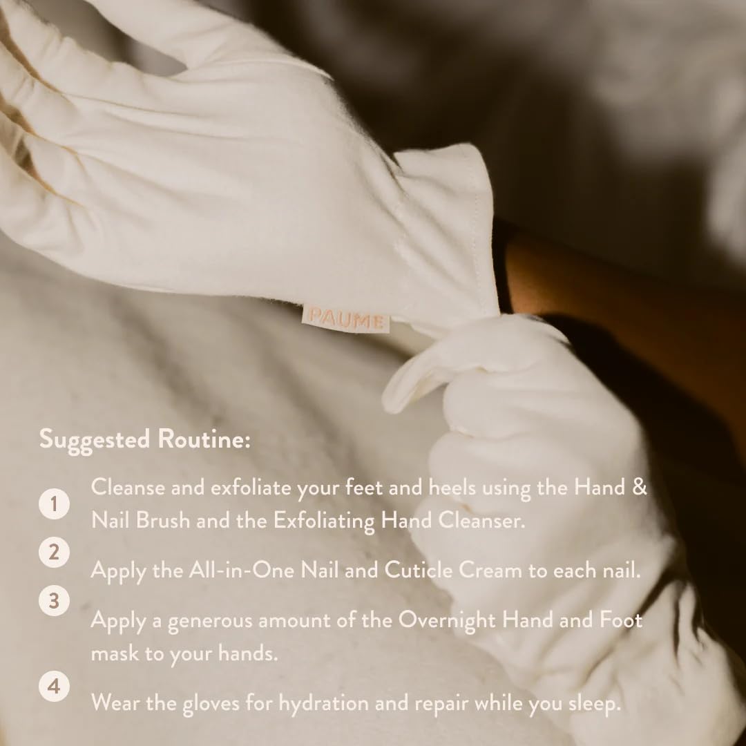 PAUME Overnight Hydration Gloves worn during sleep support skin hydration and comfort.