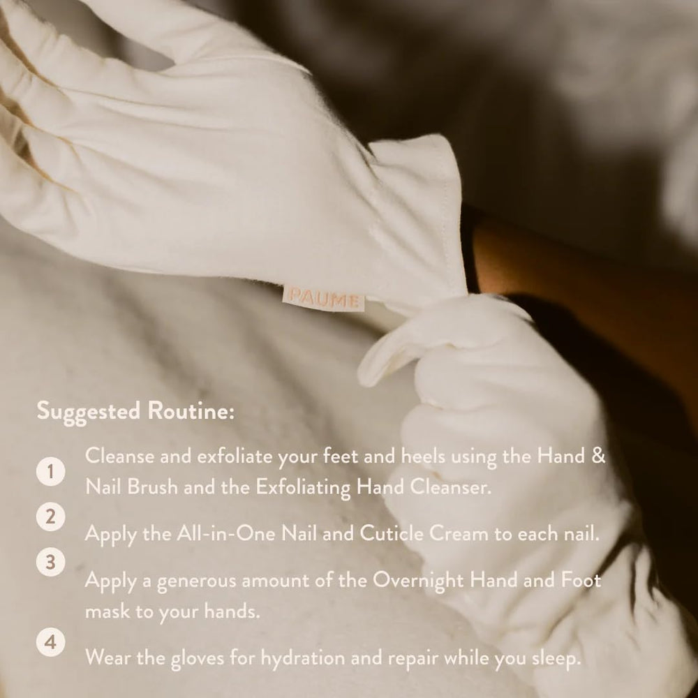 PAUME Overnight Hydration Gloves worn during sleep support skin hydration and comfort.