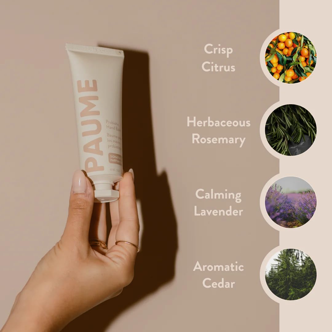 PAUME balm on dry hands demonstrates hydration for aging skin.