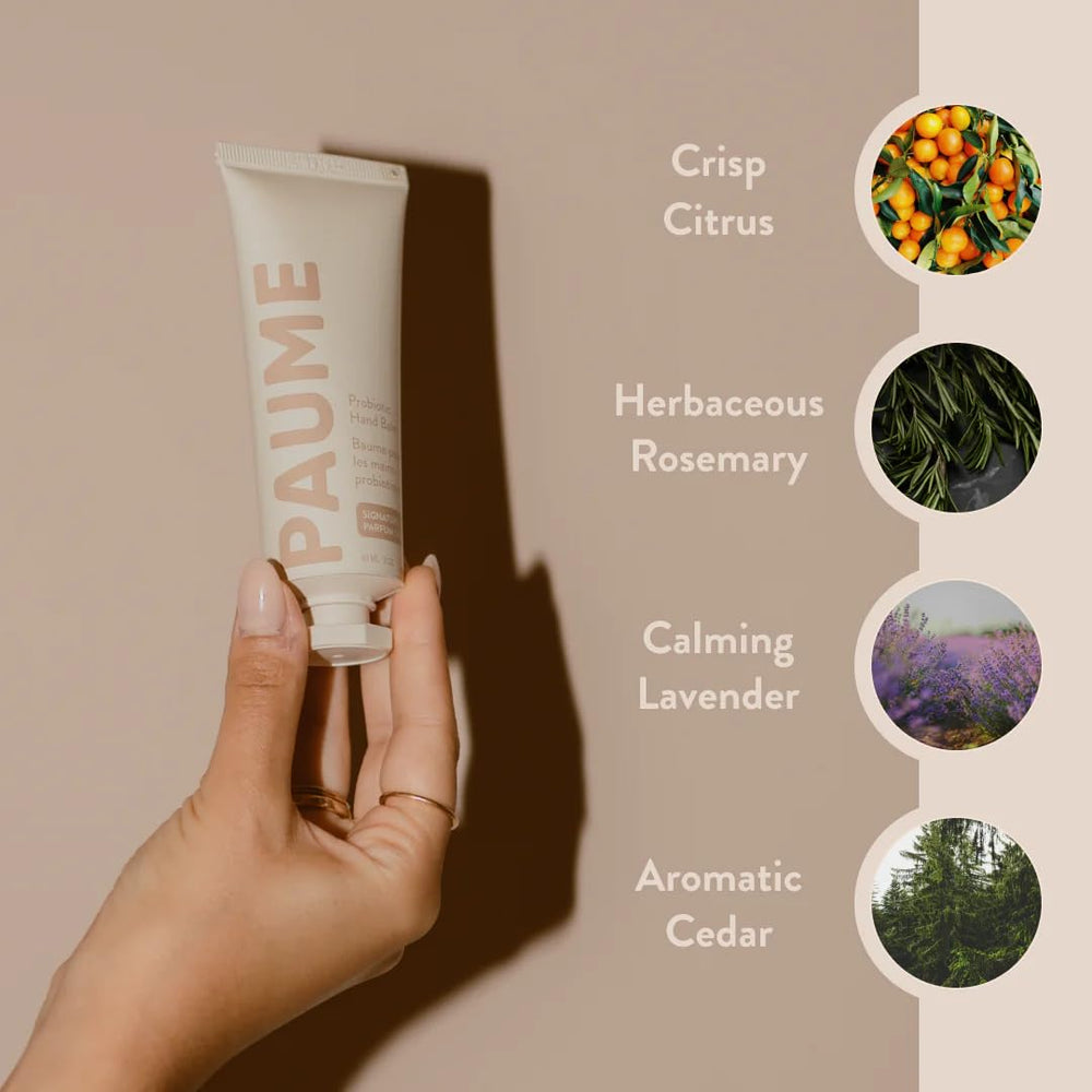 PAUME balm on dry hands demonstrates hydration for aging skin.