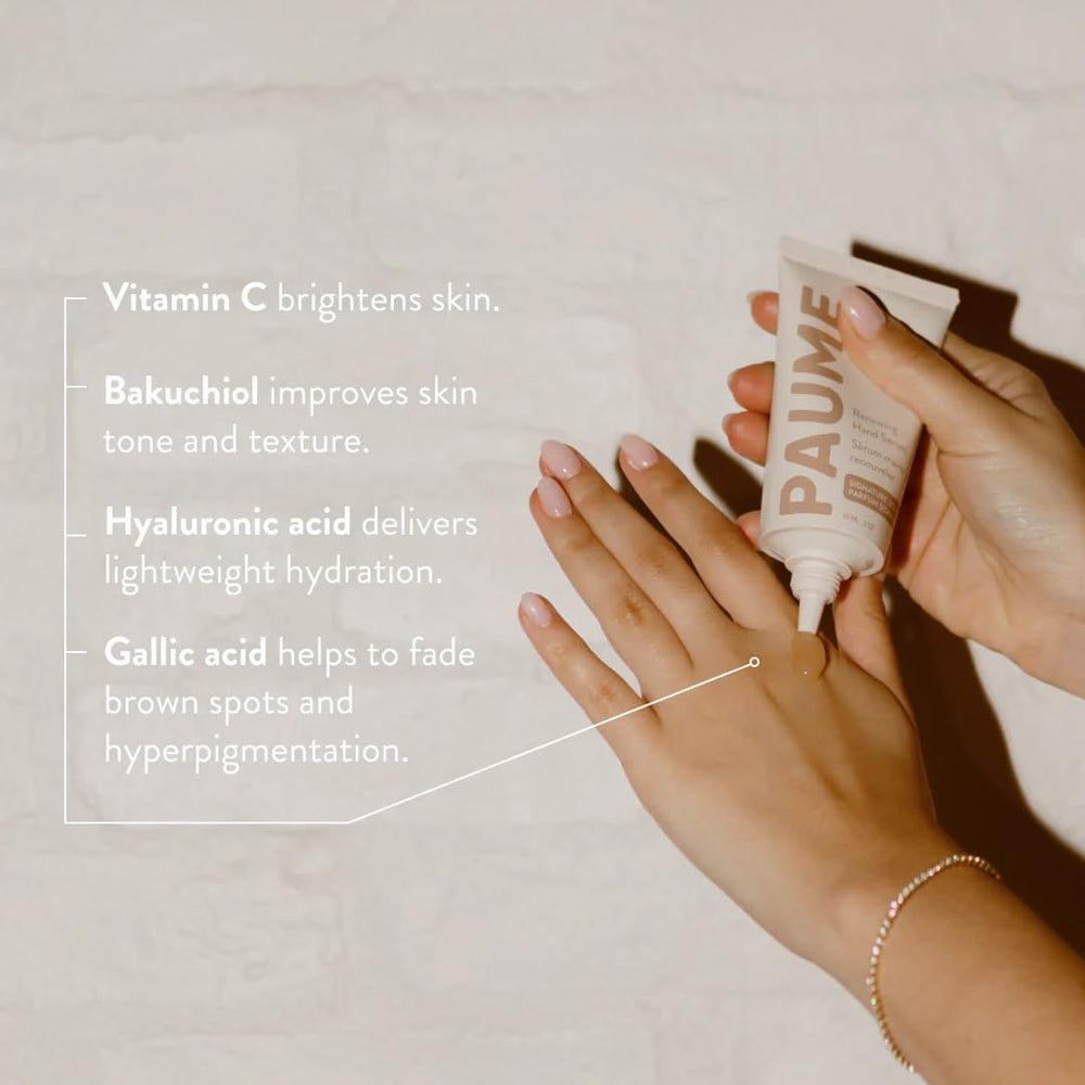 PAUME Renewing Hand Serum ingredients close-up emphasizing hyaluronic acid, niacinamide and vitamin C