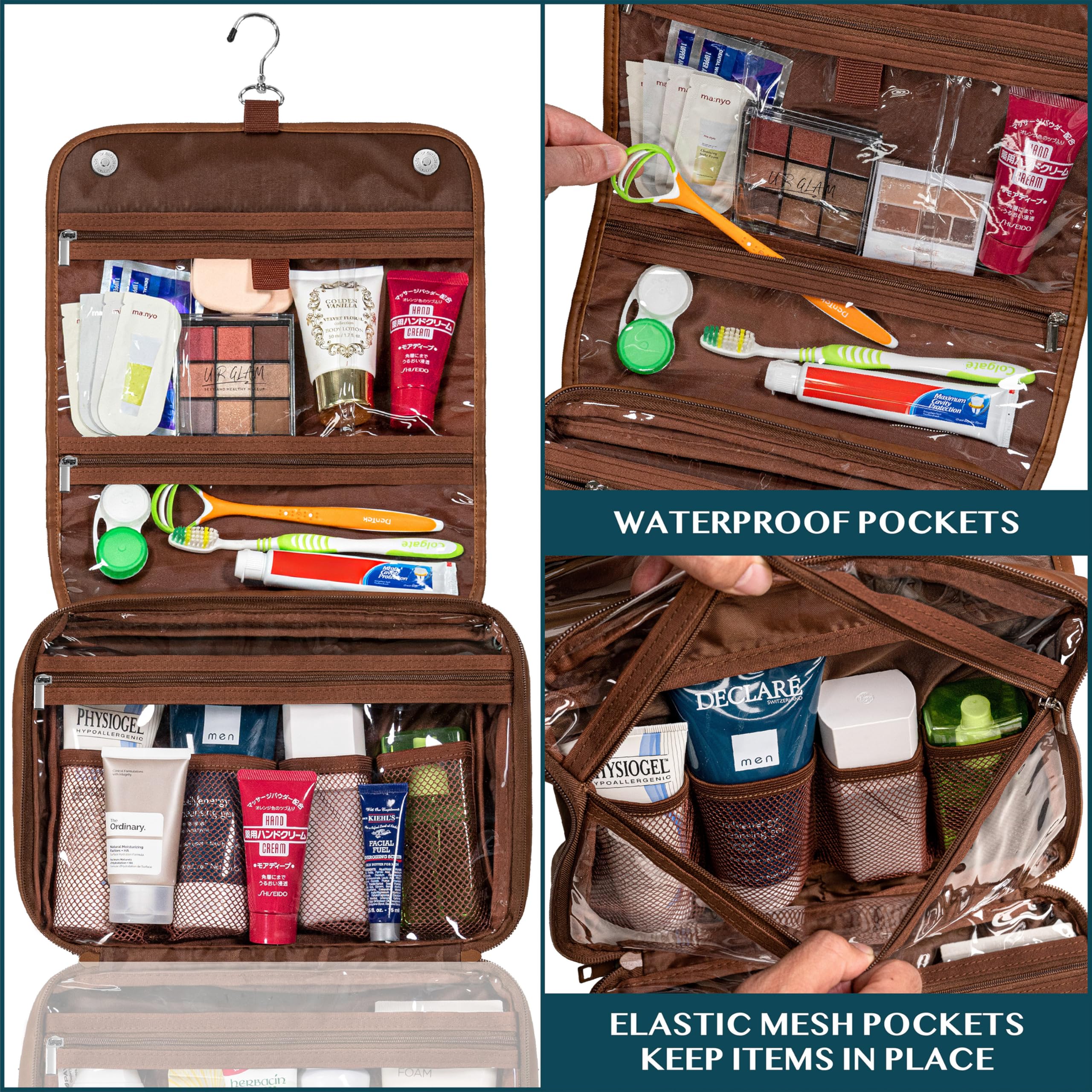 PAVILIA cosmetics organizer compartments—clear mesh pockets for quick visibility.