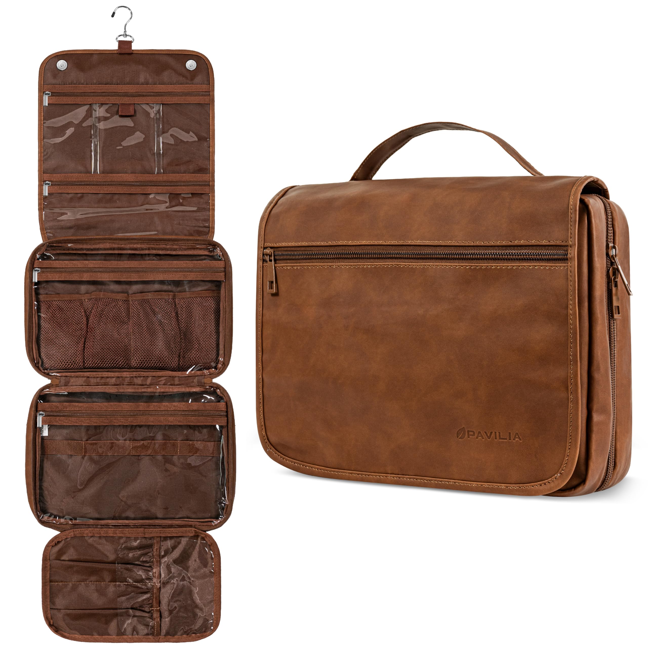 PAVILIA hanging toiletry bag folded view—compact travel organizer to fit essentials.