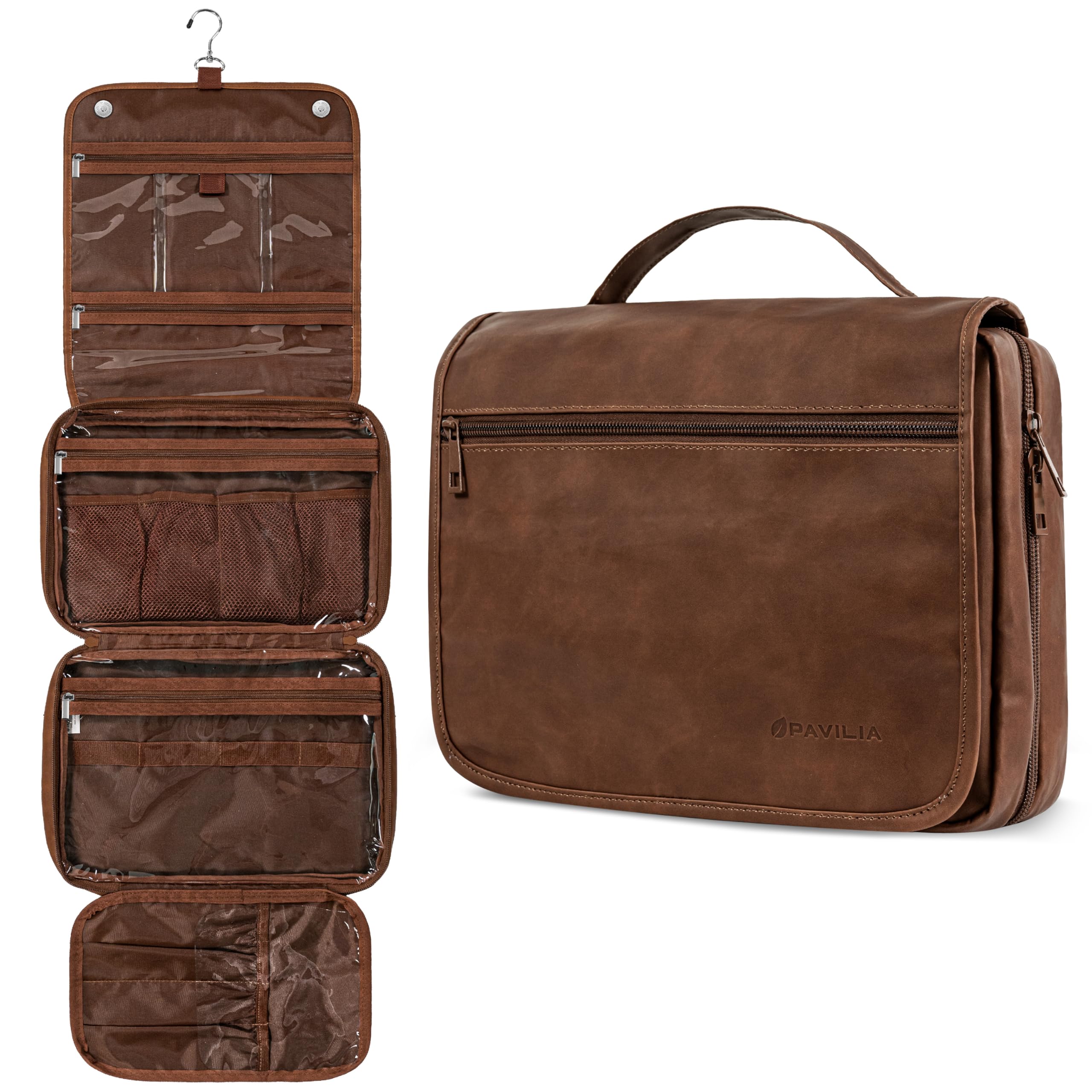 PAVILIA hanging toiletry bag folded for compact travel organization.