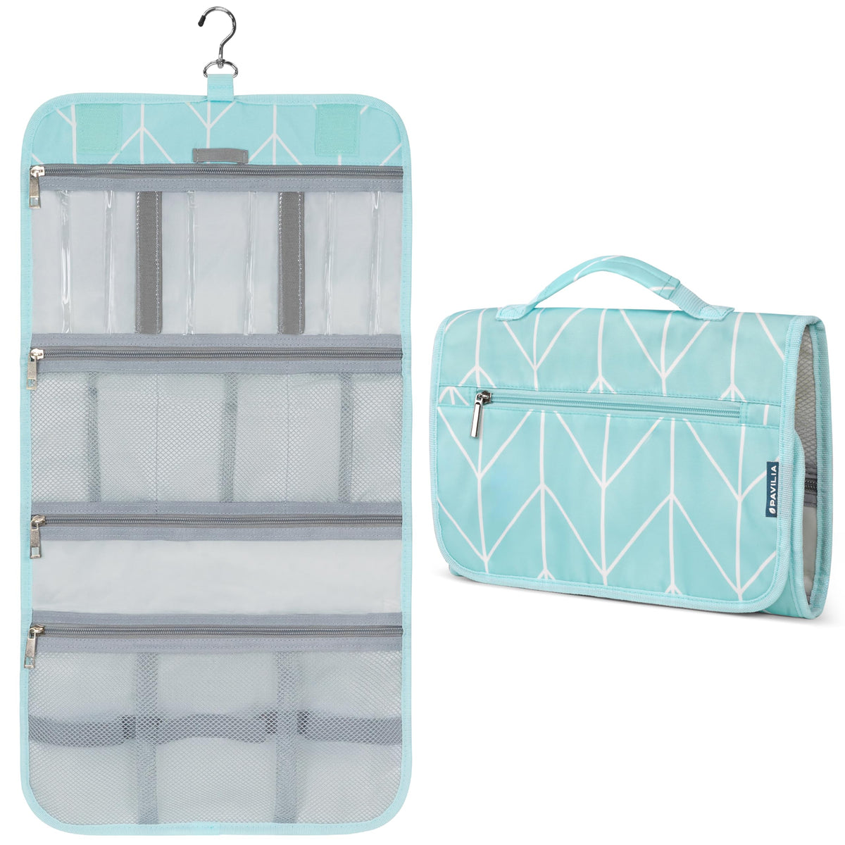 PAVILIA hanging toiletry bag teal chevron folded for compact packing.