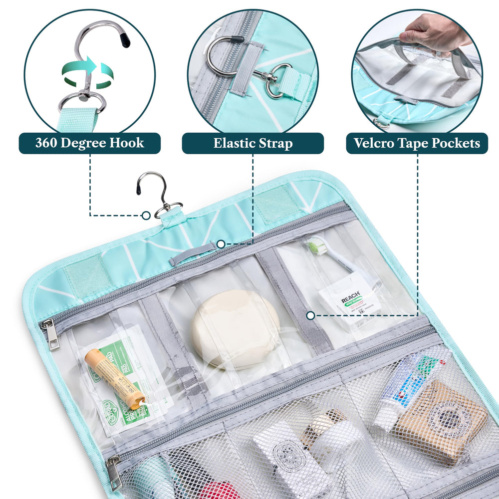 PAVILIA four-compartment bag keeps cosmetics organized.