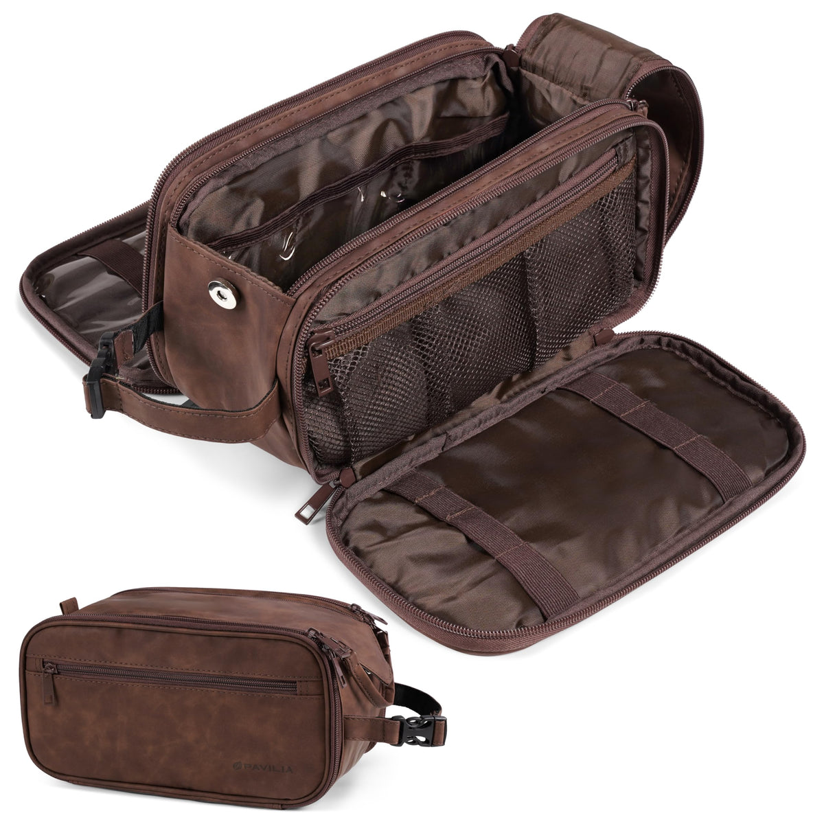 PAVILIA large toiletry bag opened showing main compartment for travel essentials.