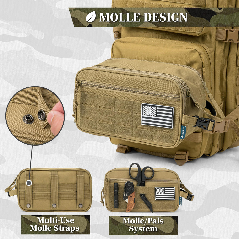 PAVILIA MOLLE straps demonstrate easy attachment to backpacks or vests