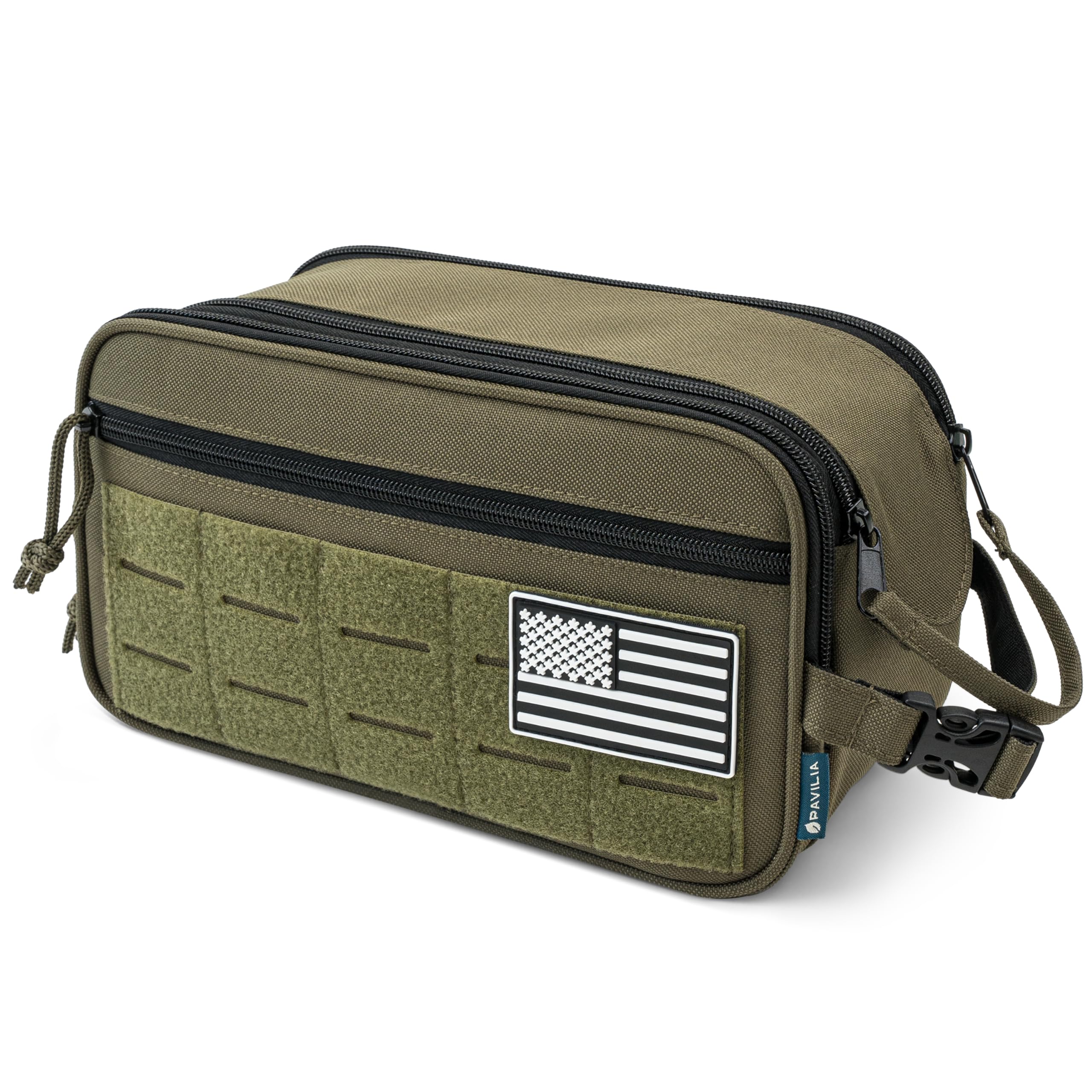 PAVILIA olive travel toiletry bag ready for gym or outdoor trips