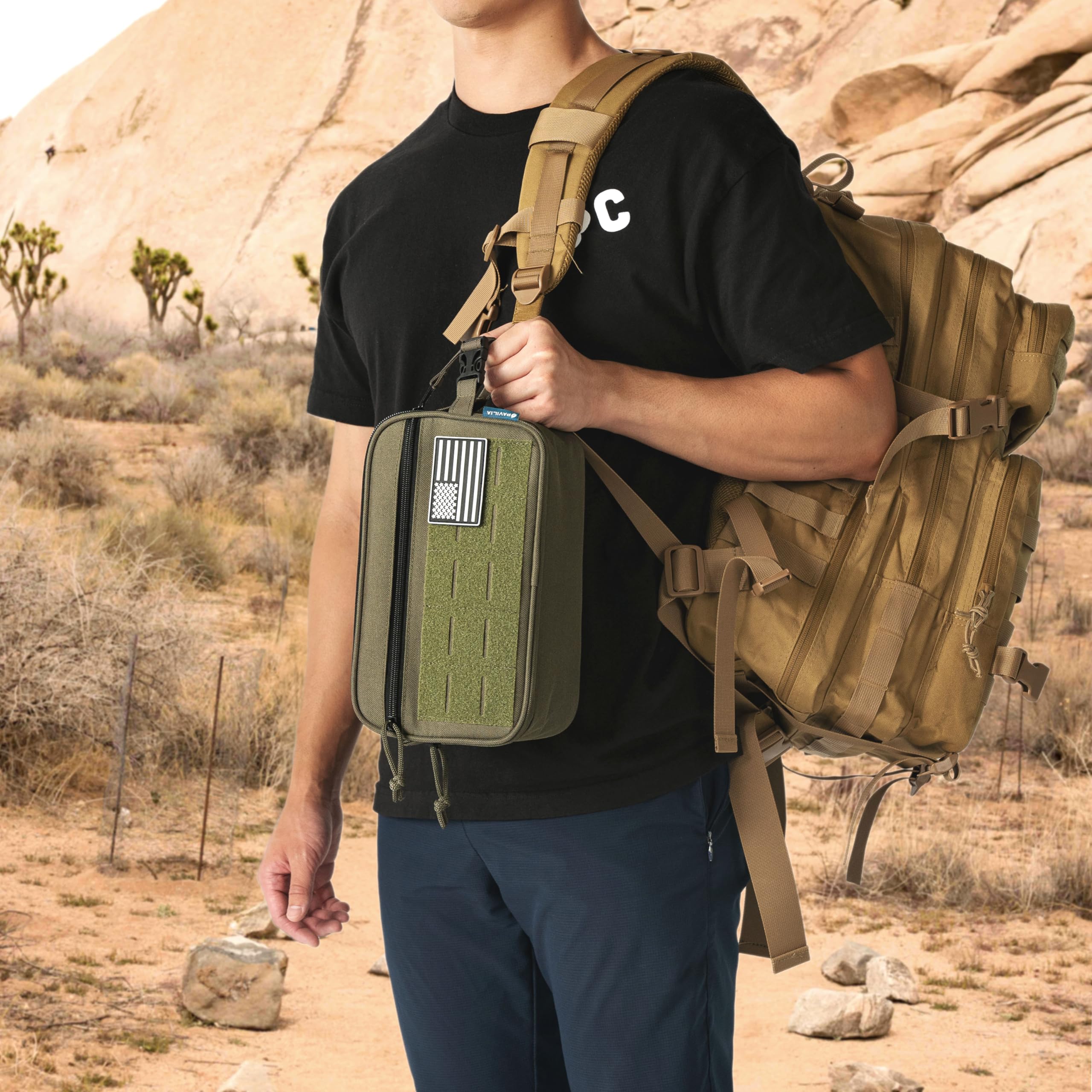 PAVILIA tactical toiletry bag back view shows MOLLE straps for attaching essentials