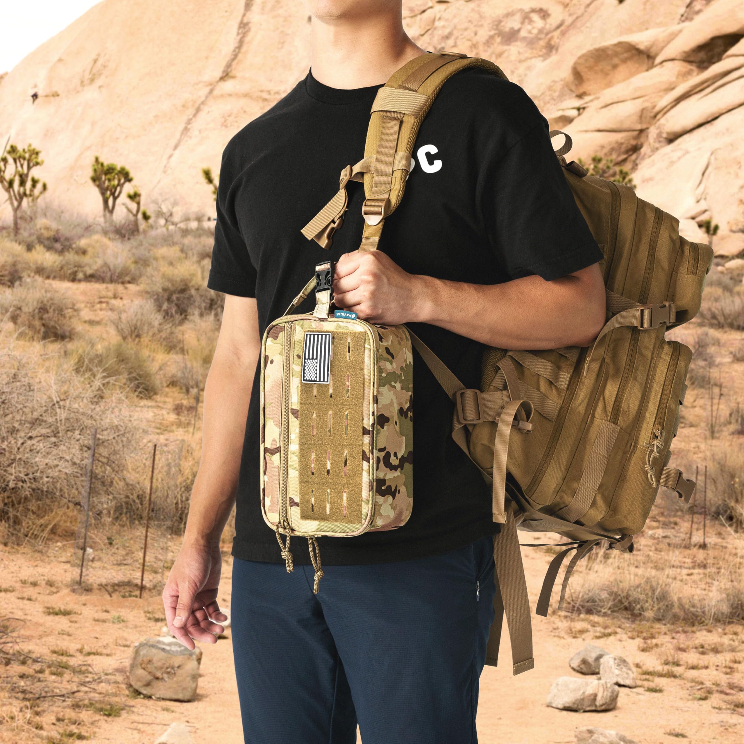 PAVILIA tactical toiletry bag back view with MOLLE straps for secure attachment.