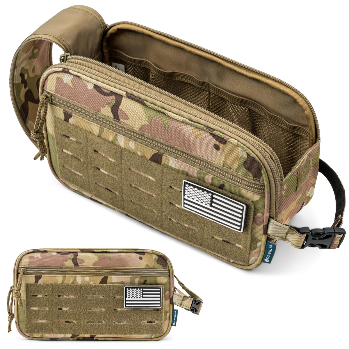 PAVILIA tactical toiletry bag front view with MOLLE for modular organization.