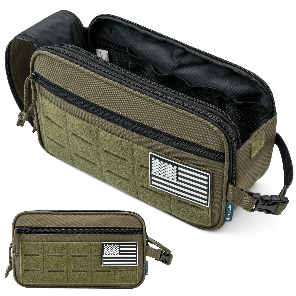 PAVILIA tactical toiletry bag front view with MOLLE webbing for modular travel organization