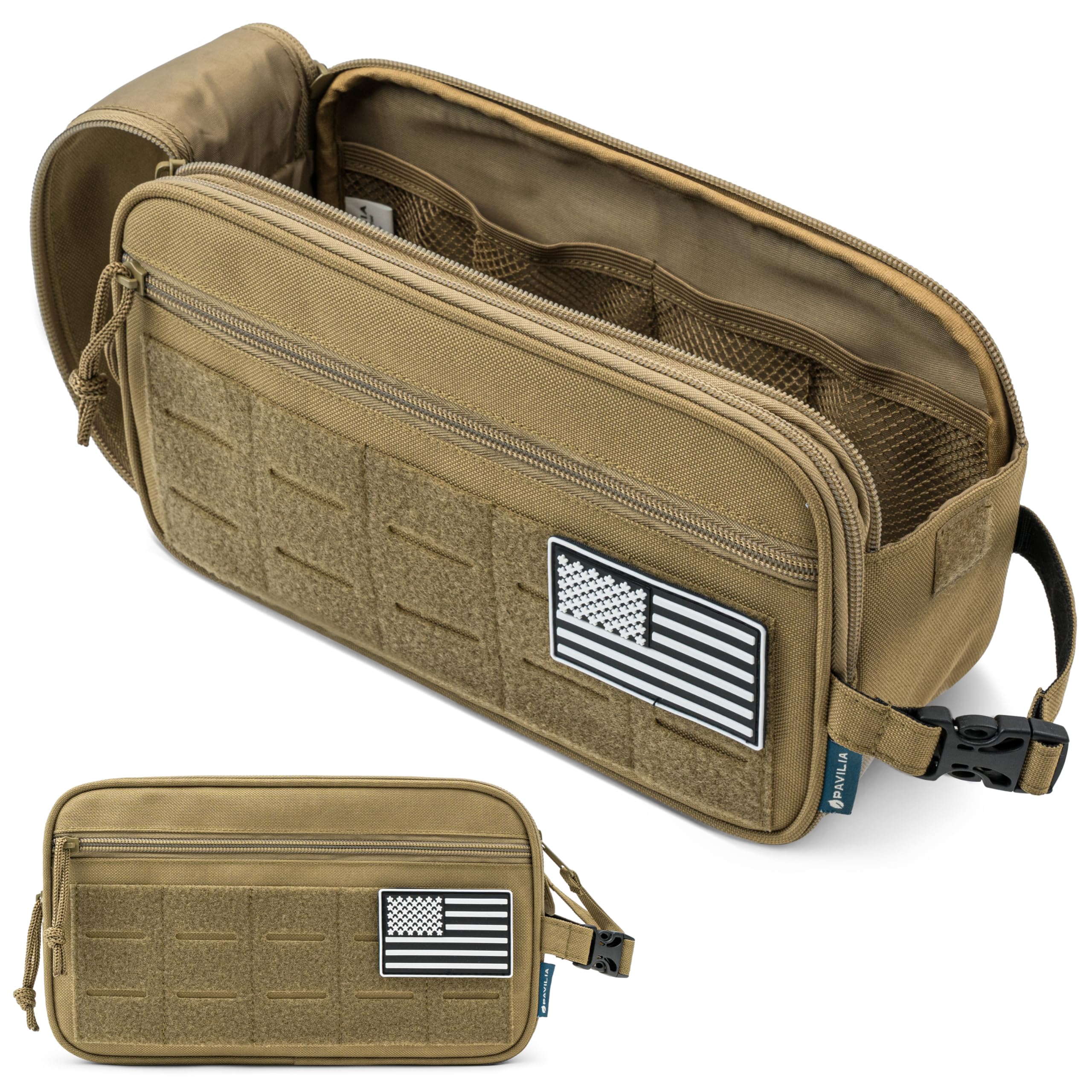 PAVILIA front view shows MOLLE webbing for modular organization.