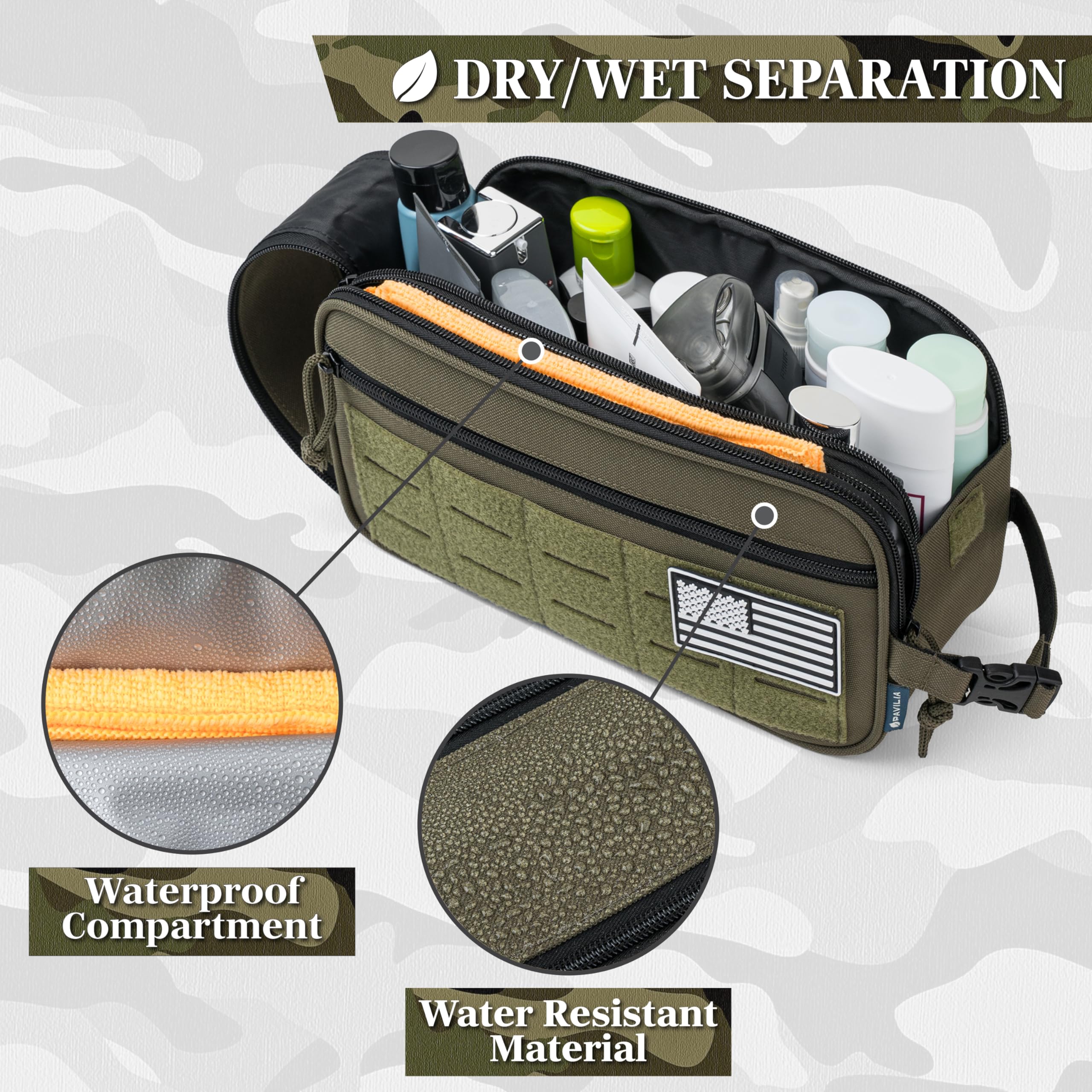 PAVILIA Tactical Toiletry Bag olive MOLLE webbing detail for attaching accessories